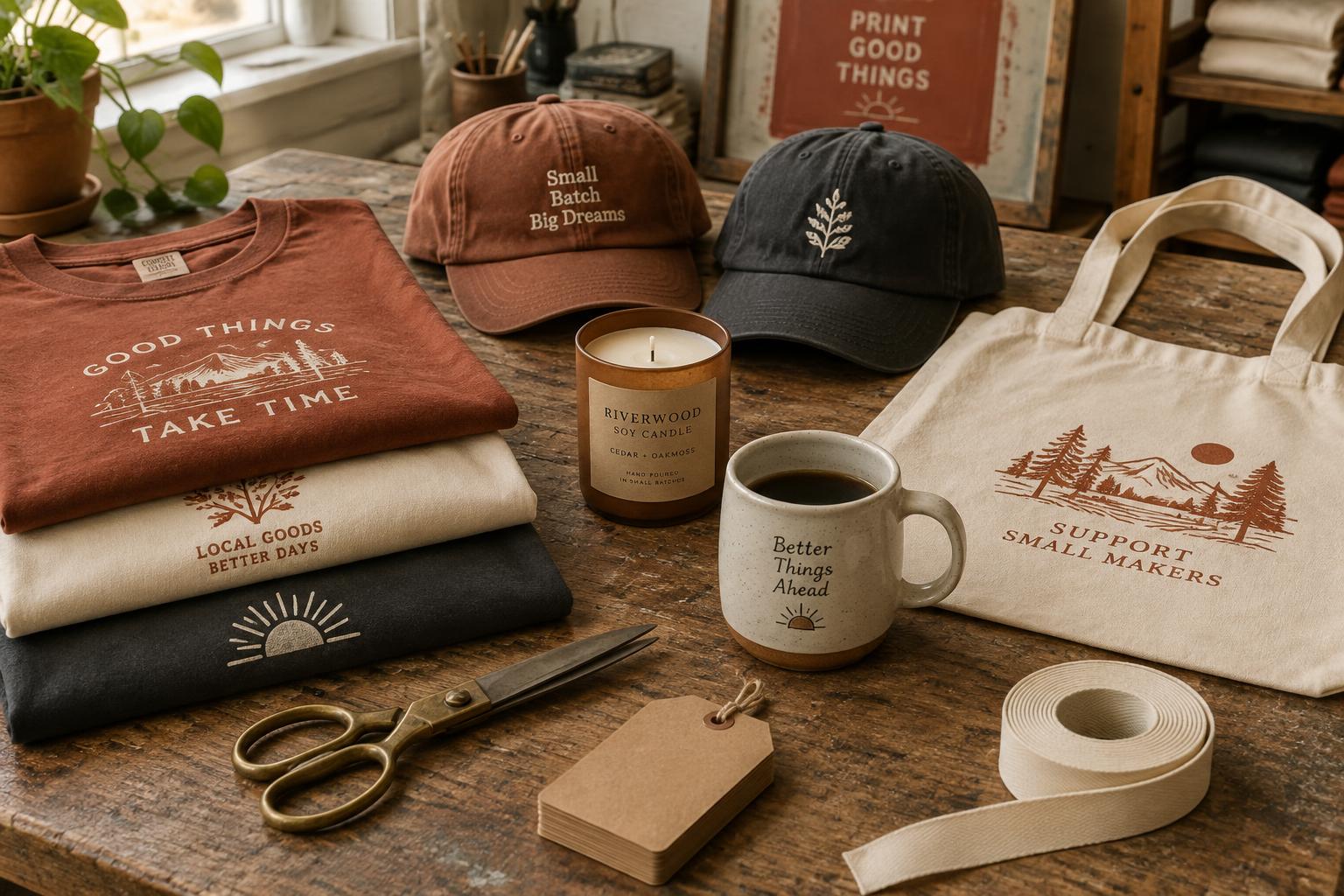 Screen-printed shirts, heat-pressed caps, a scented soy candle and a canvas tote laid out on the print shop's work table