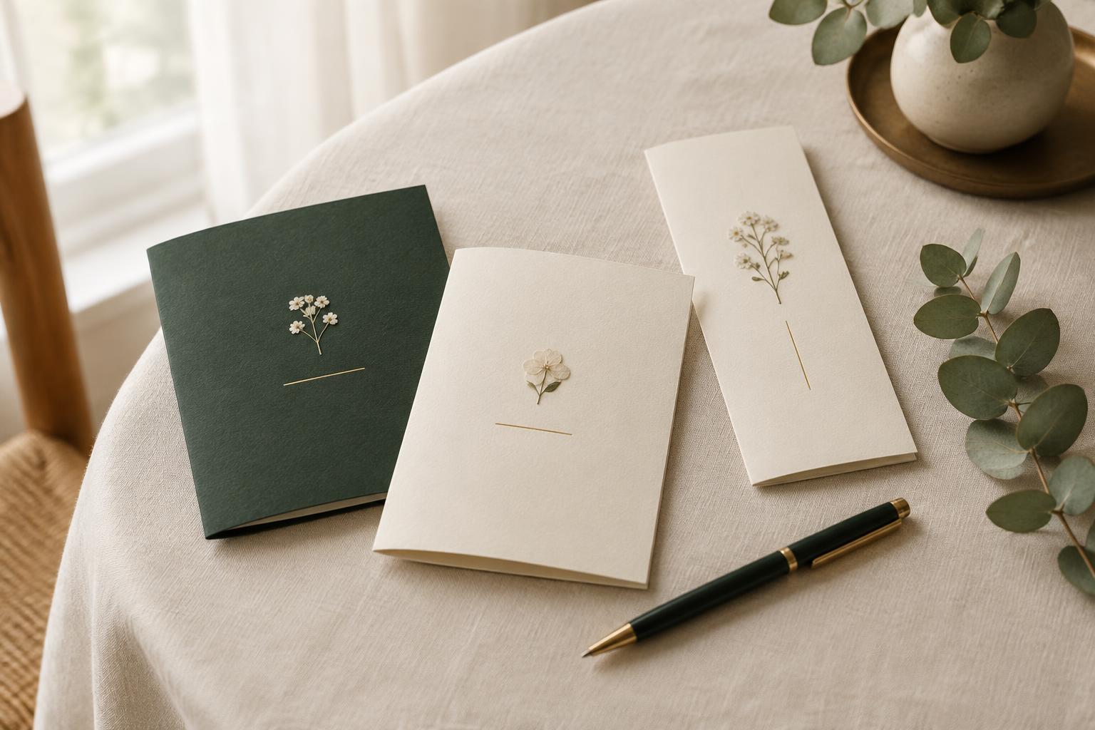 Folded memorial keepsake cards and a printed program resting on cream linen