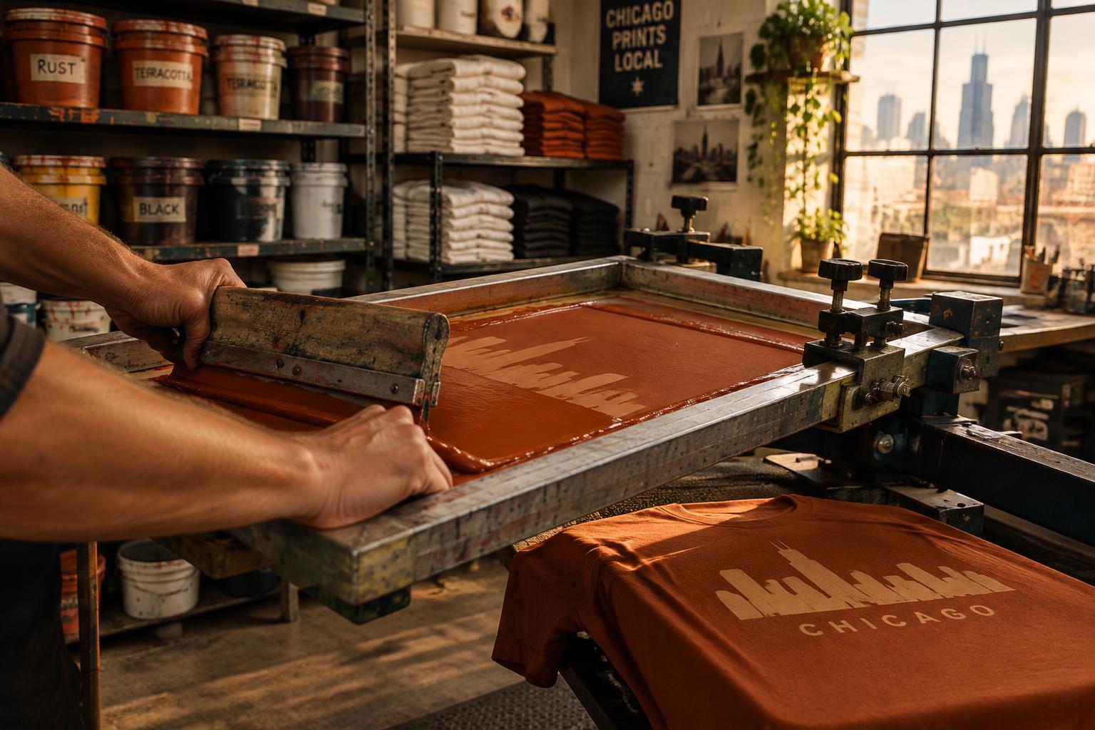 Hands pulling a squeegee across a screen printing frame in a small Chicago print shop